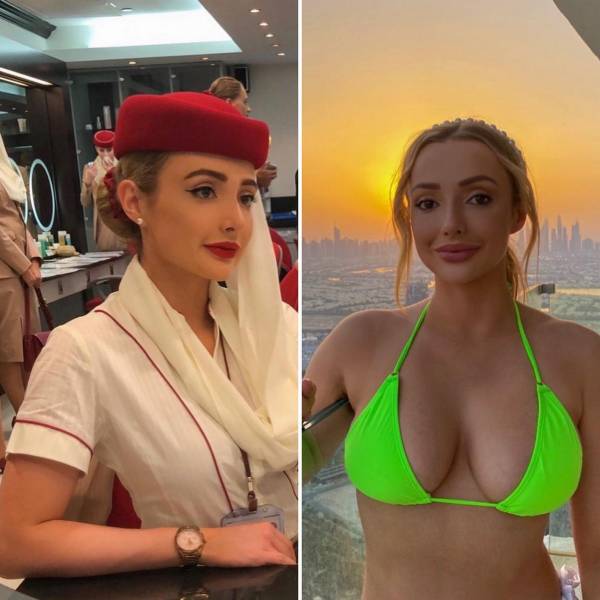 Hot Flight Attendants With And Without Their Uniforms