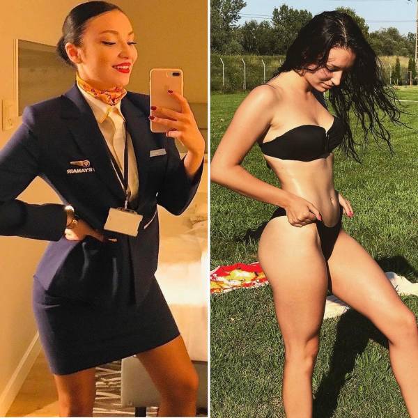 Hot Flight Attendants With And Without Their Uniforms