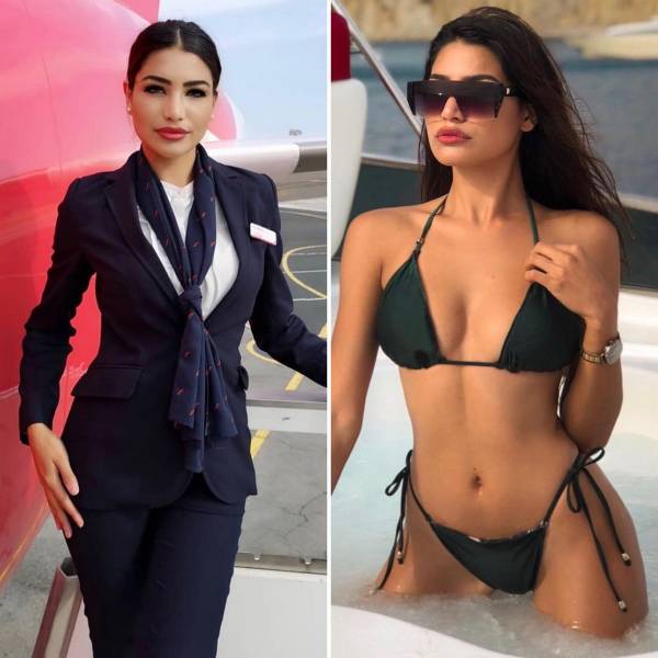 Hot Flight Attendants With And Without Their Uniforms