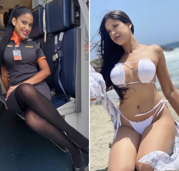 Hot Flight Attendants With And Without Their Uniforms