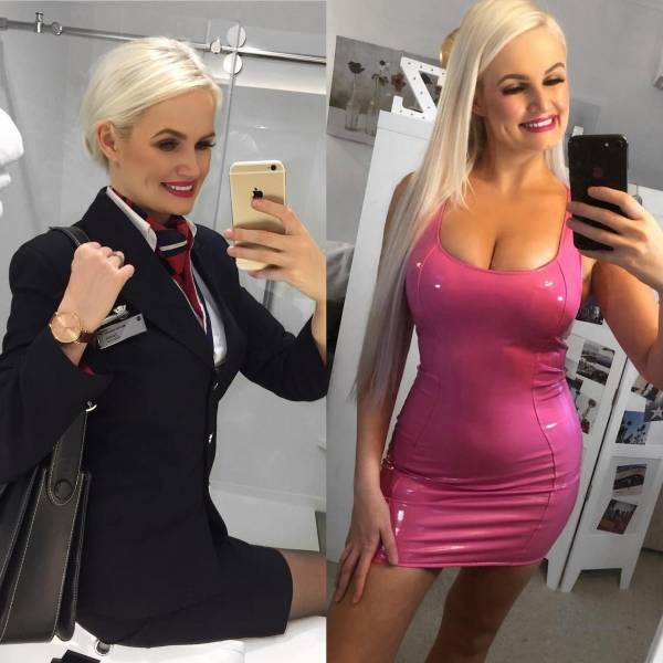Hot Flight Attendants With And Without Their Uniforms