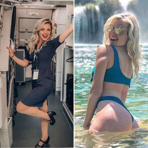 Hot Flight Attendants With And Without Their Uniforms