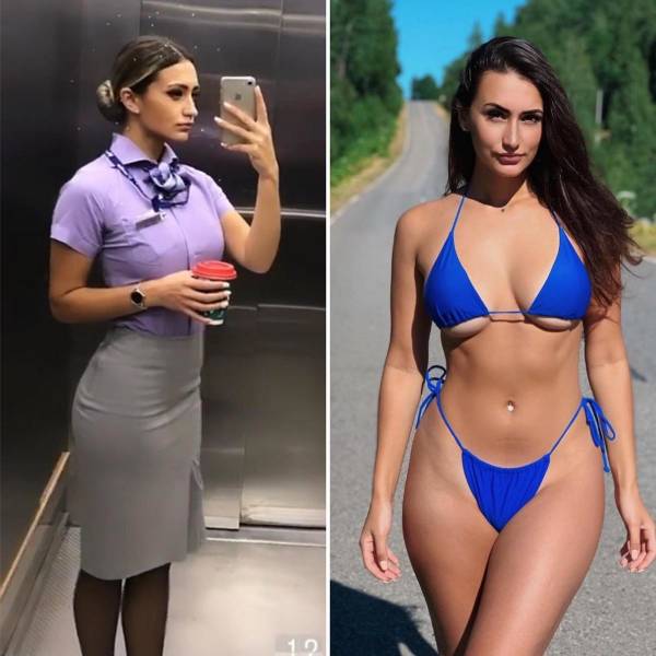 Hot Flight Attendants With And Without Their Uniforms