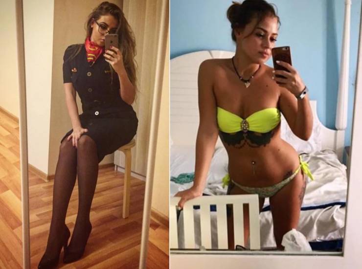 Hot Flight Attendants With And Without Their Uniforms