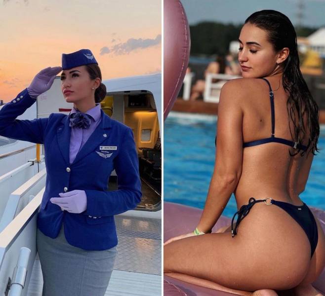 Hot Flight Attendants With And Without Their Uniforms