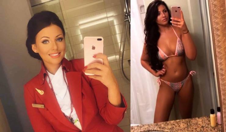 Hot Flight Attendants With And Without Their Uniforms