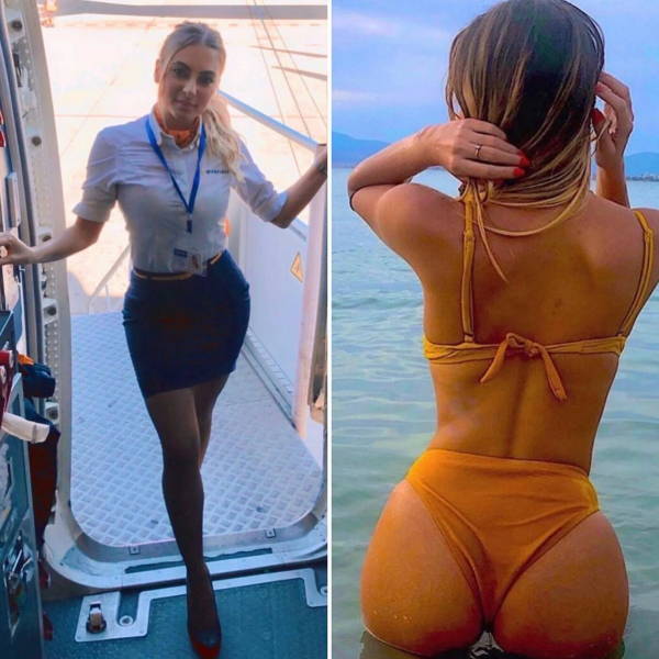 Hot Flight Attendants With And Without Their Uniforms